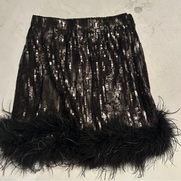 Judith March Black Sequin Skirt with Feather Trim - Picture 2 of 6